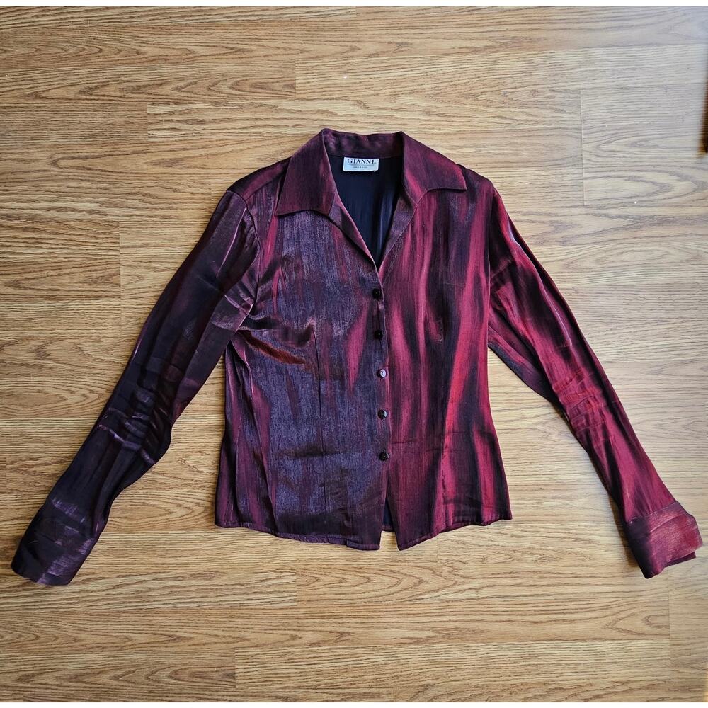 Vintage Silk Maroon Metallic Whimsigoth Button Up Blouse - Size Large